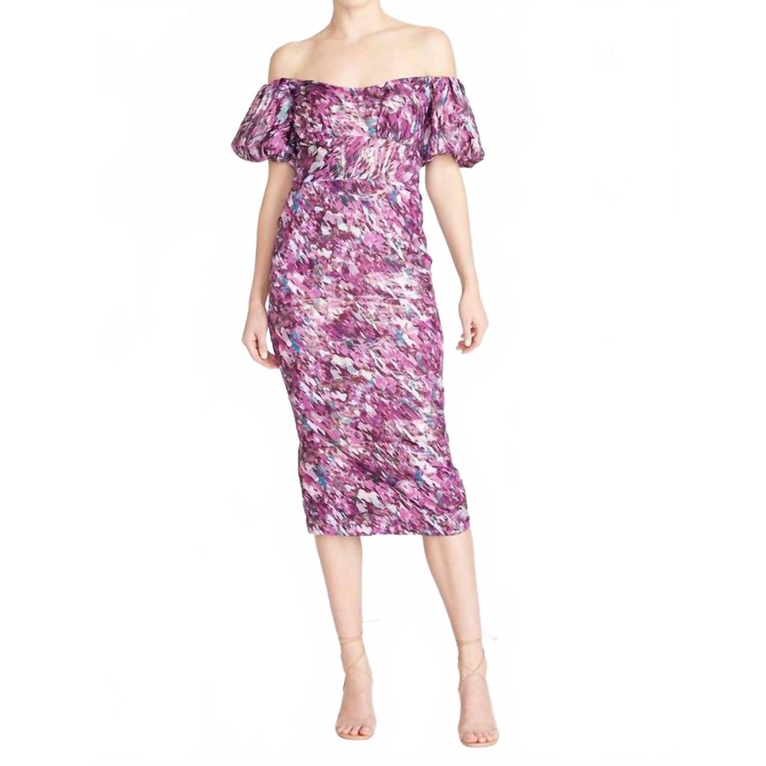 New Ml Monique Lhuillier Women's Off The Shoulder Midi Dress In Painted Blur